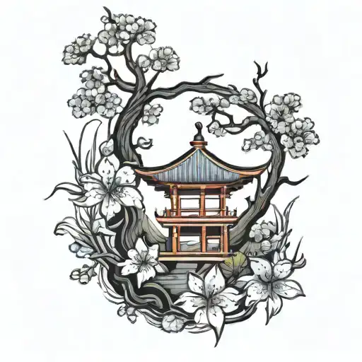 Jupiter, Japanese cherry blossom, Torii, red spider lily tattoo design idea