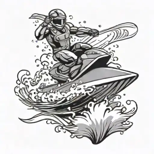 A jetski rider jumping over a wave with a card deck scattered in the water tattoo design idea