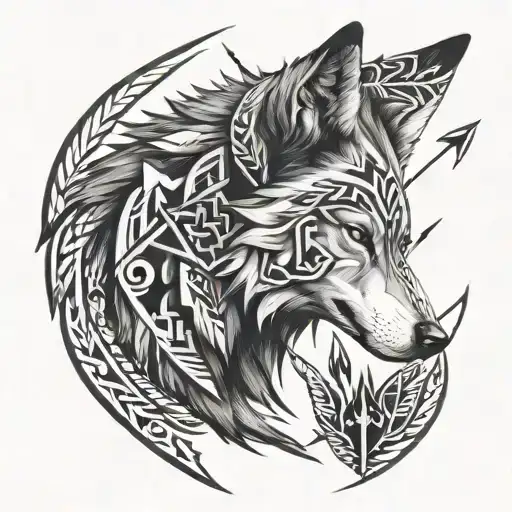 A tribal-inspired design featuring a wolf's profile intertwined with hunting arrows tattoo design idea
