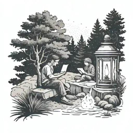 A dotwork tattoo of a serene outdoor scene with a teacher reading under a sprawling pine tree while a flickering oil lamp illuminates the area tattoo design idea