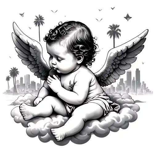 baby angel on a cloud, laying down, looking down on a los angeles skyline with palm trees  tattoo design idea
