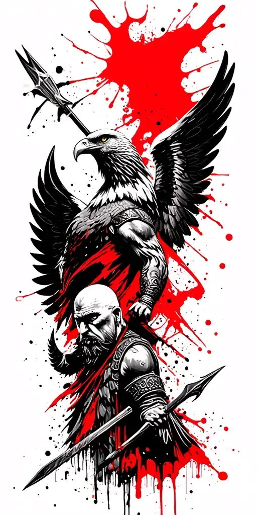 viking with wings with a spear and bald eagle tattoo design idea