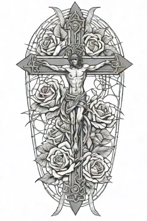 cross wrapped in barbed wire with roses with angel tattoo design idea