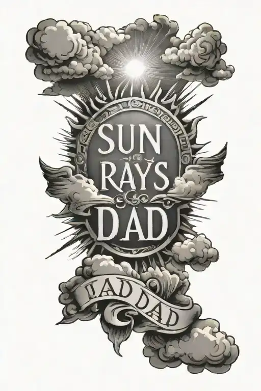 sun rays and clouds with dad written inside tattoo design idea