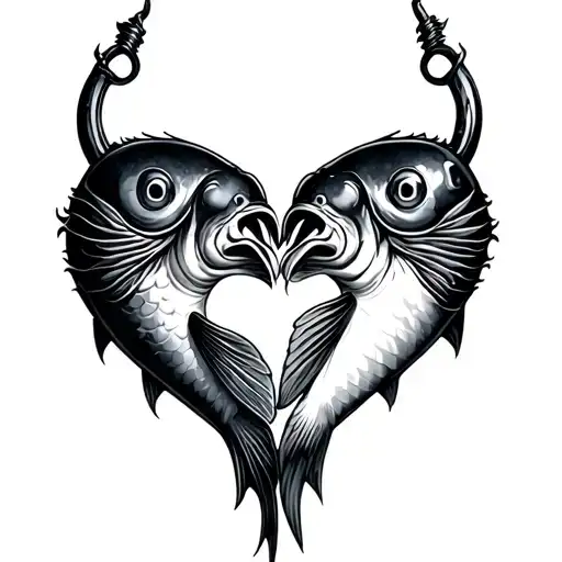 2 fish hooks making a heart tattoo design idea