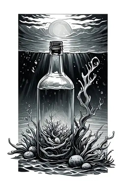 sunken bottle lying on the ocean floor tattoo design idea