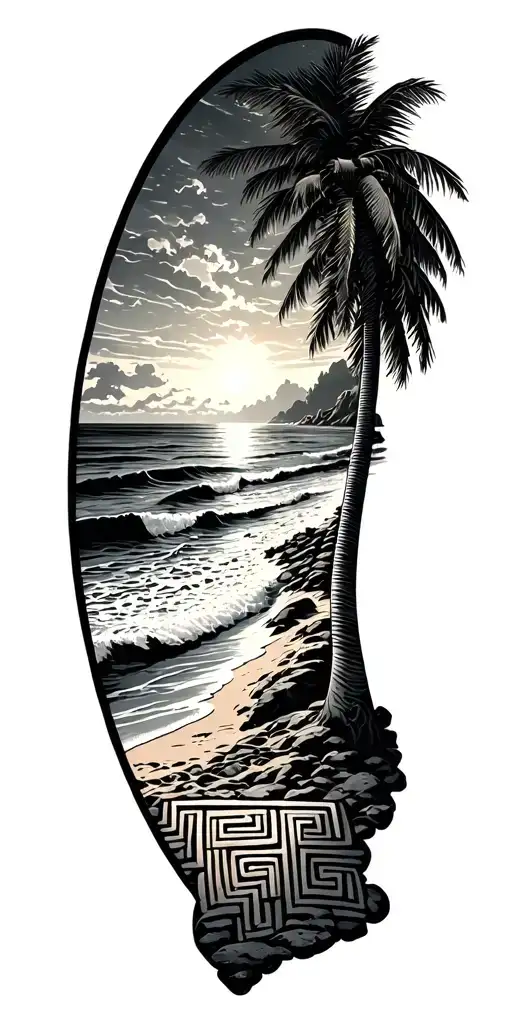 beach at sunset, Greek key at base tattoo design idea