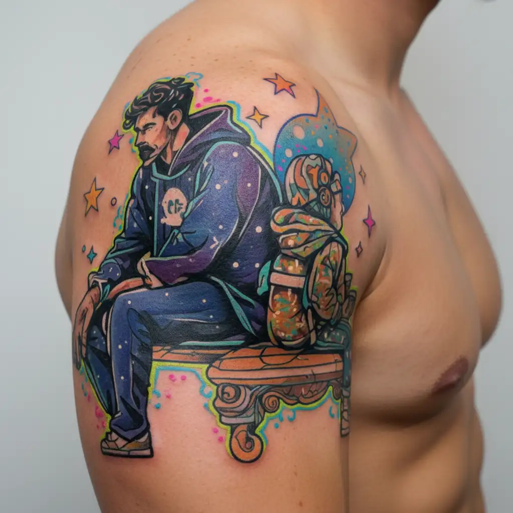 father son silhouette looking at the galaxy stars tattoo design idea