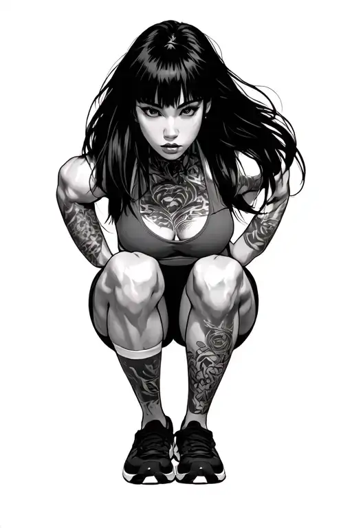 black and white anime girl doing squats tattoo design idea