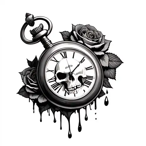 Pocket watch with skull dial surrounded by bleeding roses, clock hands set at 11:11 tattoo design idea