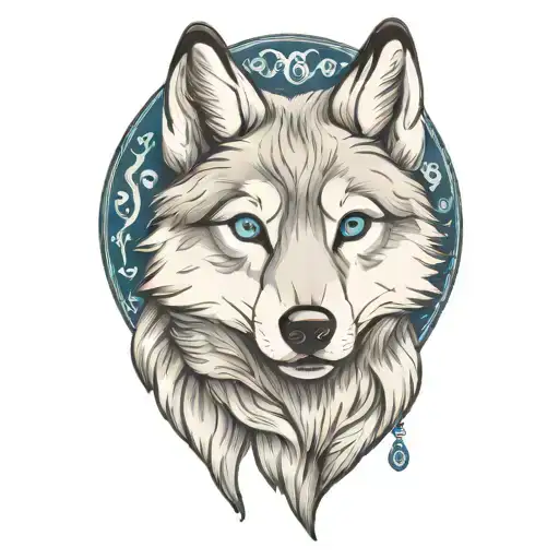 happy wolf puppy with blue eyes surrounded tattoo design idea