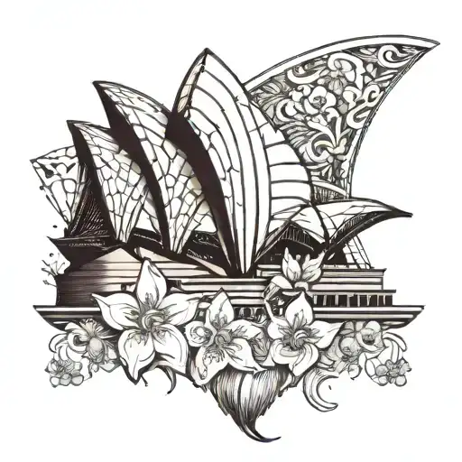 sydney opera house side view surrounded by aborinal flowers tattoo design idea