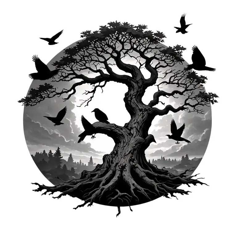 full back tree with crows flying and perched atop tattoo design idea