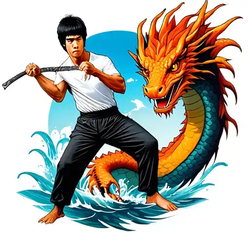 Bruce Lee stands in a combat pose with nunchaki in front of him in a white T -shirt and black pants and on the background of a water dragon tattoo design idea
