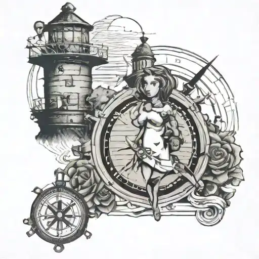 doll of luck from fallout, in the background a lighthouse and a compass tattoo design idea