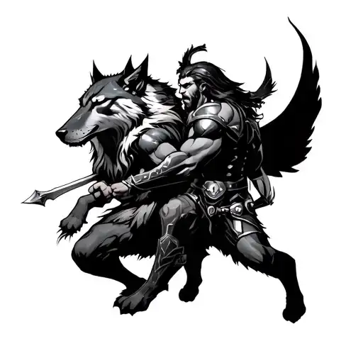 Thor and Lobos in Battle tattoo design idea