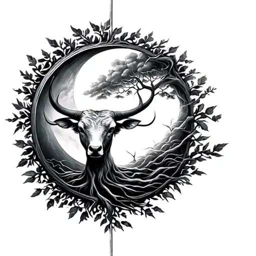 left shoulder to elbow tattoo for men with taurus, moon and tree of life tattoo design idea