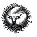 left shoulder to elbow tattoo for men with taurus, moon and tree of life tattoo design idea