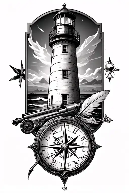 lighthouse In The Middle With a compass and hour glass On either side & a flintlock pistol & quill facing Opposite Ways tattoo design idea