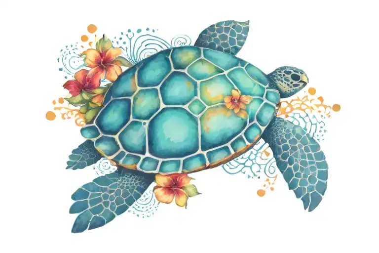 turtle swimming gracefully with aboriginal water  dot art back ground with some red and orange hibiscus & frangipanis  tattoo design idea