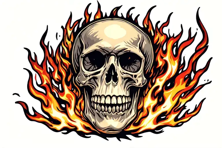 Skull engulfed in flames tattoo design idea