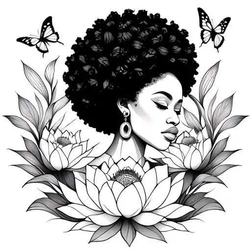 line work of a black woman with an afro surrounded by lotus flowers and butterflies  tattoo design idea
