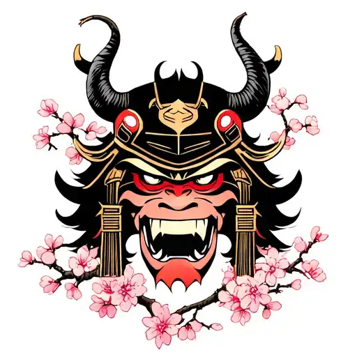 is a sakura tree with a samurai helmeted oni mask in the canopy. tattoo design idea