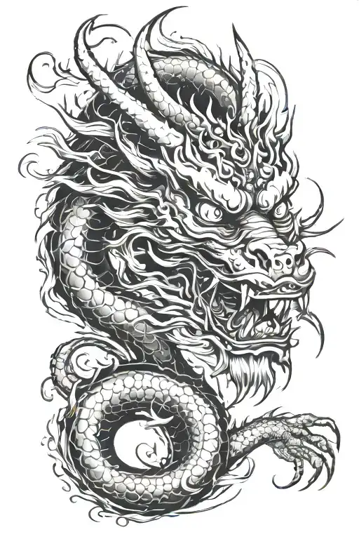 a Japanese dragon tattoo with side profile face in a manner that two eyes are visible, add air water fire elements as ba tattoo design idea