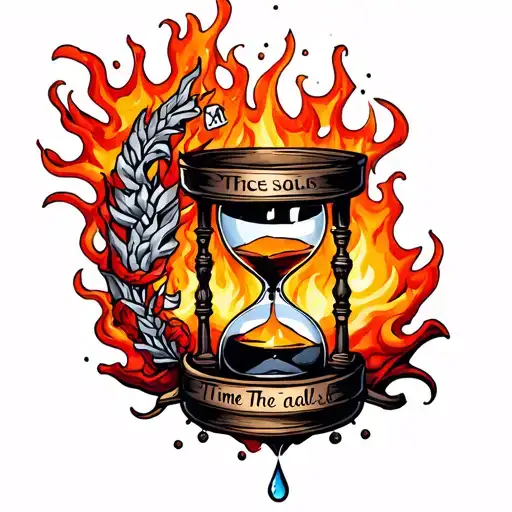 Sleeve tattoo on the arm, hourglass, silver stefa on fire, drop of blood, four brothers, inscription time heals all, tattoo design idea