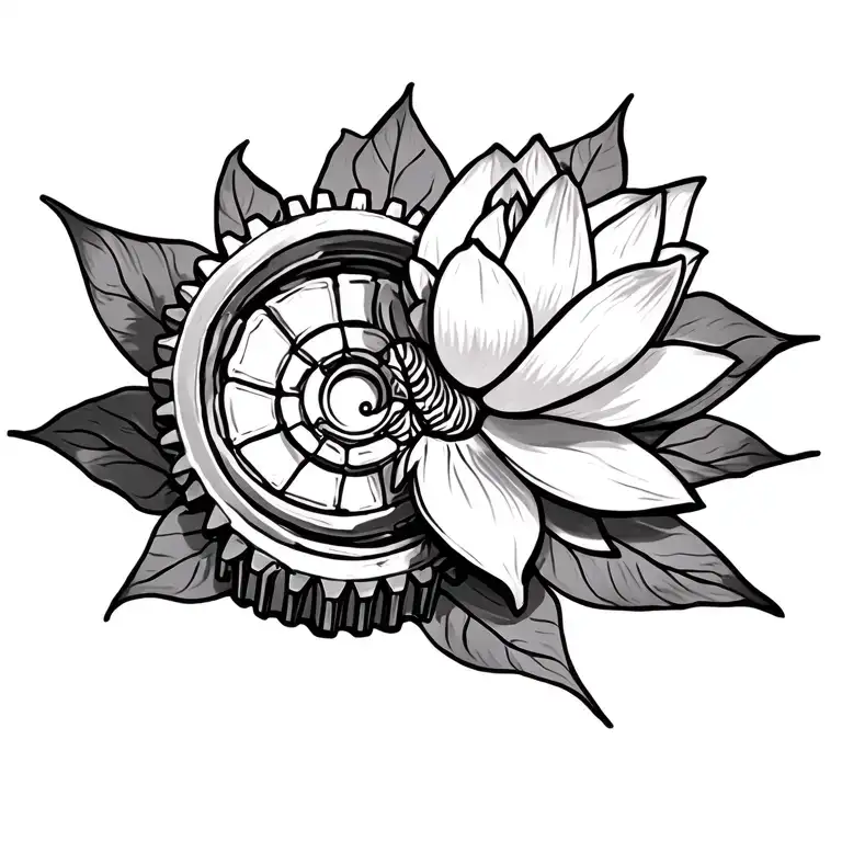 Cogwheel with lotus flower surrounded tattoo design idea
