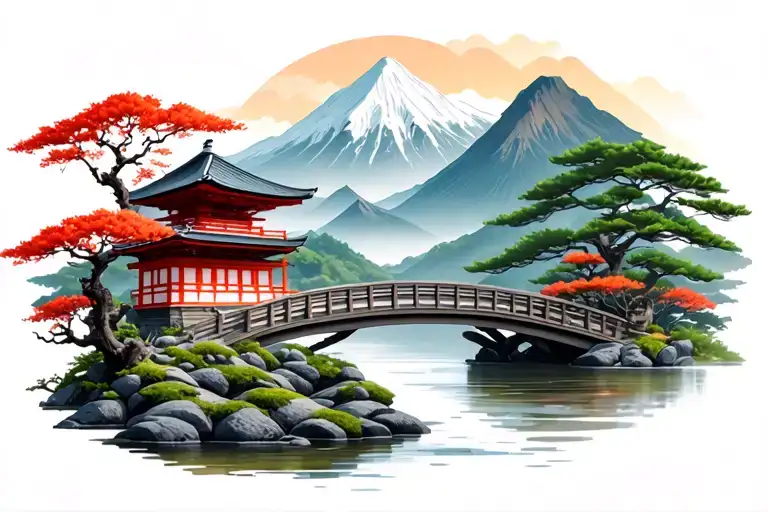 japanese temple, zen garden, mountain scene, bridge tattoo design idea