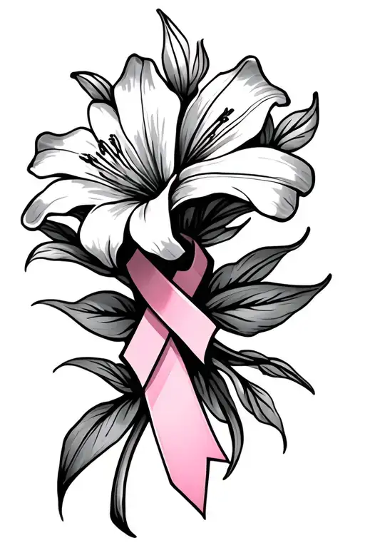 Lilly flower with cross with breast cancer ribbon tattoo design idea