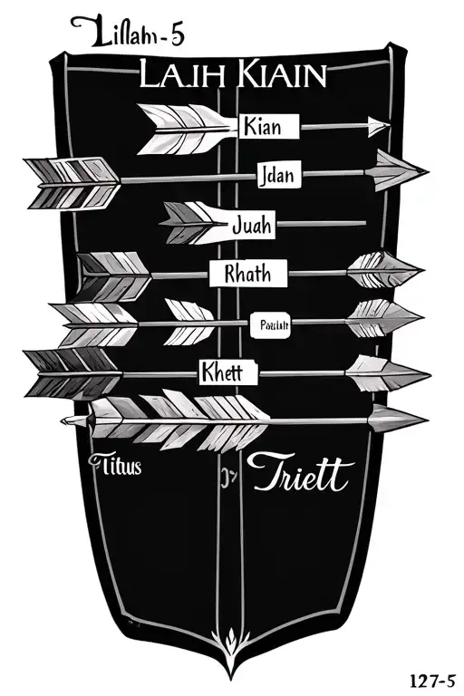 quiver with six arrows with names in each arrow (Lilah, Kian, Judah, Rhett, Titus, Truett) with Psalms 127:3-5 on quiver tattoo design idea