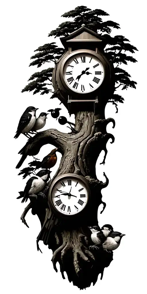 tree with 3 little birds and clock face tattoo design idea