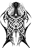 full back gothic biomechanical cathedral tattoo, symmetrical spine center, bold black 2pt outlines, filigree arches, bio tattoo design idea