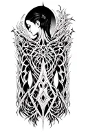 full back gothic biomechanical cathedral tattoo, symmetrical spine center, bold black 2pt outlines, filigree arches, bio tattoo design idea