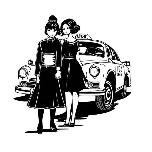 A tattoo design of a filha and paizao holding hands, with a taxi in the background tattoo design idea