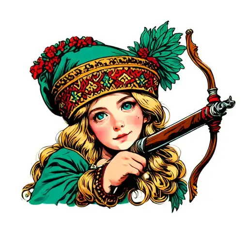 color Old School in Slavic theme girl blonde with blue eyes shoots from a bow in a kokoshnik tattoo design idea