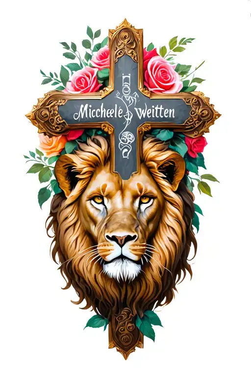 religious cross with lion and roses and my wife's name Michelle weitten tattoo design idea