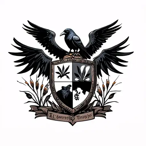 coat of arms shield with a crow perched on top with its wings spread out, and cattail, brances, leaves out the sides tattoo design idea