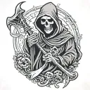 grim reaper holding a scythe with worms coming out of eye tattoo design idea