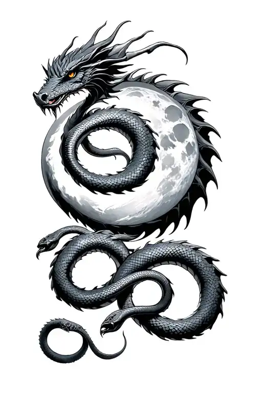Moon guardian dragon and two snakes tattoo design idea