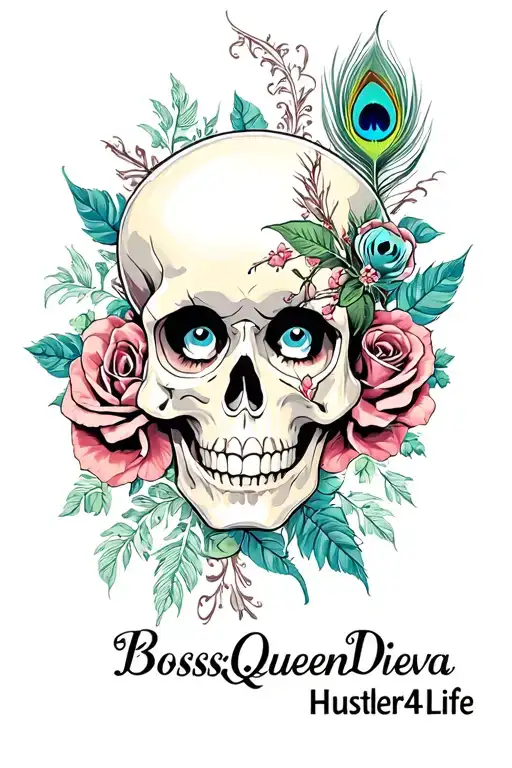 "BossQueenDieva Hustler4Life" skull,  roses,lilly flowers, hourglass, smile now cry later, peacock feathers, porcelen faces, bettyboop poses,100$bill tattoo design idea