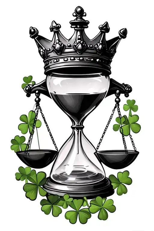 hour glass chess king crown and 4 leaf clover surrounding on the bottom put a balance  scale  tattoo design idea