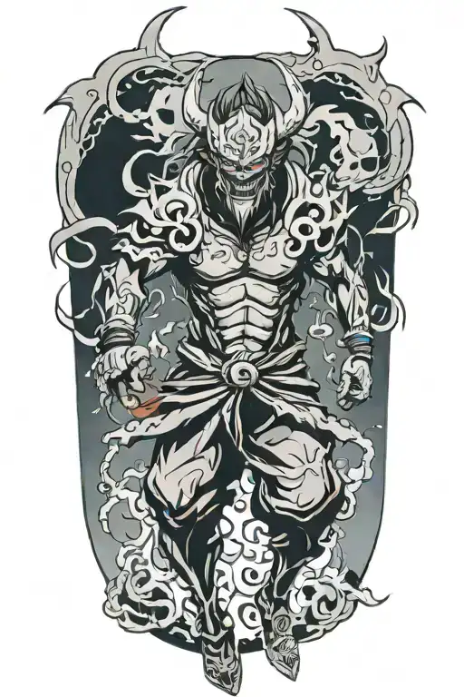 anime character full body wearing a oni mask fighting off inner demons with minimal black areas tattoo design idea