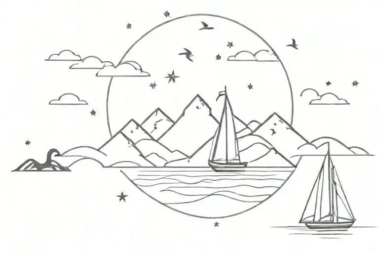 Master of my fate captain of my soul landscape mountains sail boat silhouette of birds stars lake clouds tattoo design idea