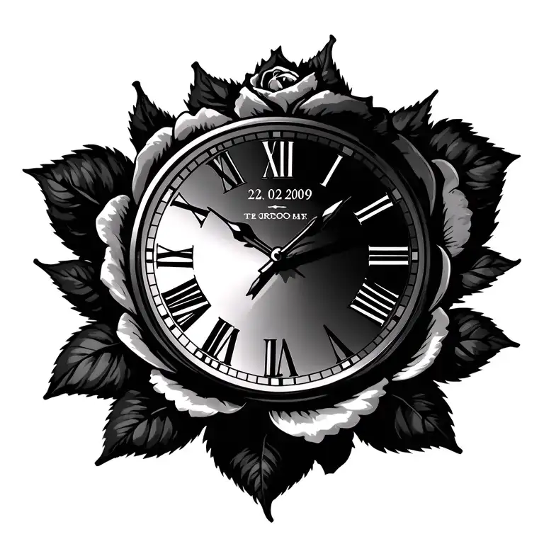 dialog clock in roman numerals with 22/02/2009 also in roman rumerals underneath wrapped around by a rose tattoo design idea