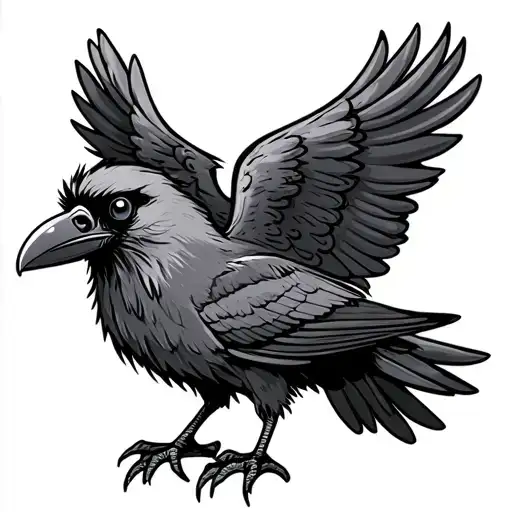 large crow with dark beady eyes, holding in its eyes a smiley face. Its wings were outstretched as if in flight and its  tattoo design idea