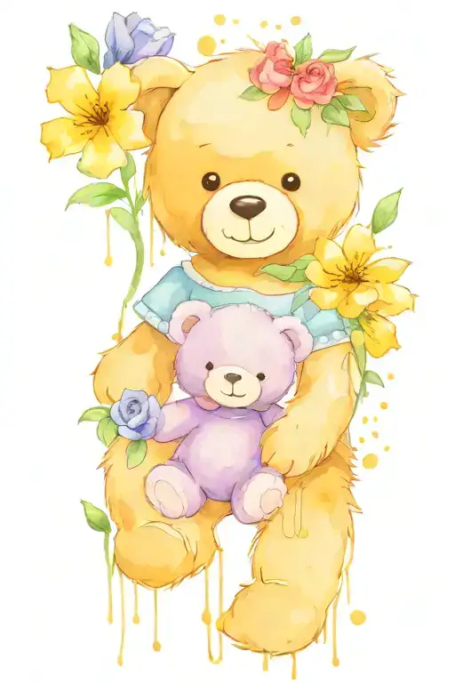 Name and date of birth flowers surroundin teddy bear tattoo design idea