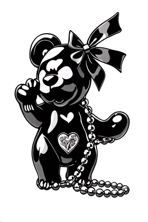 chrome hearts, kaws bear, rosary beads, bow, tattoo design idea